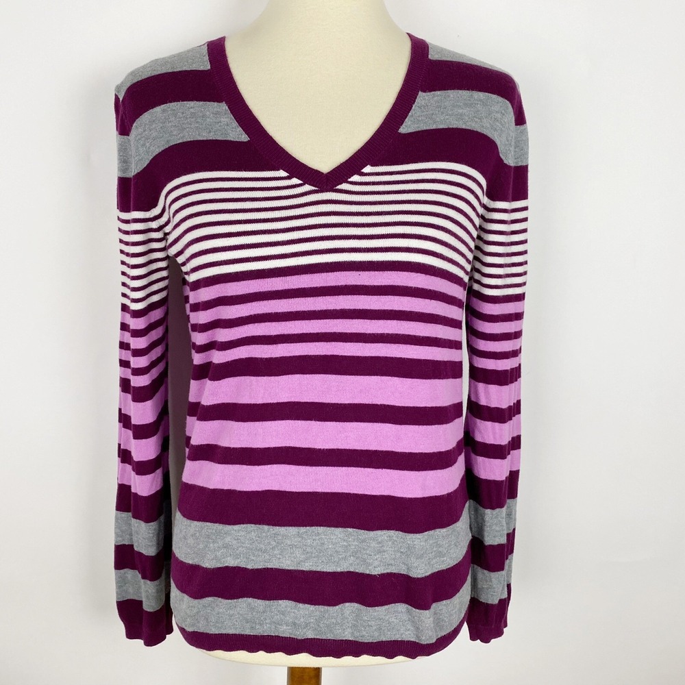 TOMMY HILFIGER Gray Purple White Stripe Pima Cotton V-Neck Sweater Womens Size M